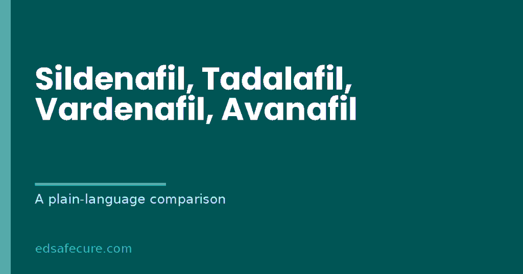 Banner reading "Sildenafil, Tadalafil, Vardenafil, Avanafil" with the subtitle a plain-language comparison